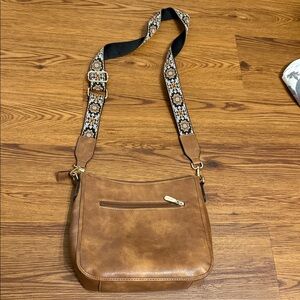 Amazon Tan Crossbody Bag with Floral Strap